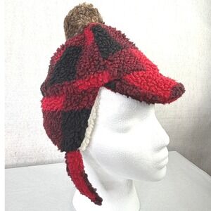 Old Navy Buffalo Plaid Sherpa Trapper Hat Kids 12-18M Red Black Faux Fur Pom Pom